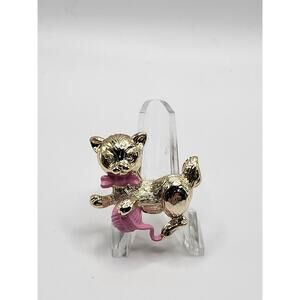 Vintage Gerry Pins Gold Tone Cat Brooch Pink Bow Yarn Kitty Figural